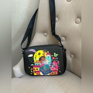 Vibrant Black Crossbody Bag with Colorful Design. 9”x7”